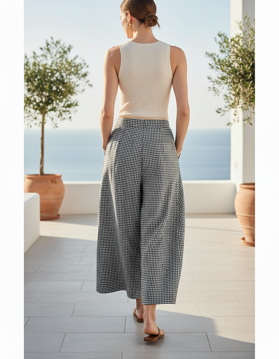 Pantalon En Lin Carreaux Ample Plissé Femme - Imprimé - vue 2