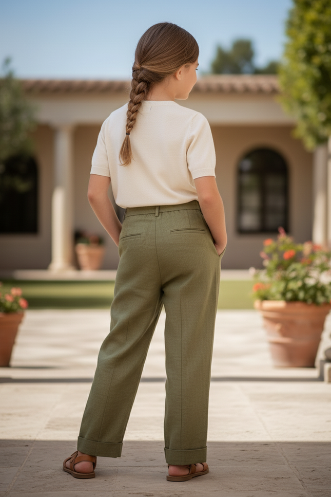 Pantalon En Lin Vert Ample Plissé Enfant - Kaki - vue 2