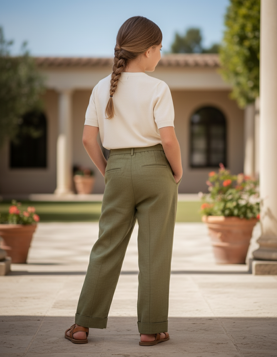 Pantalon En Lin Vert Ample Plissé Enfant - Kaki - vue 2