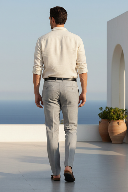 Pantalon En Lin Gris Ajusté Élégant Décontracté Texturé - vue 2