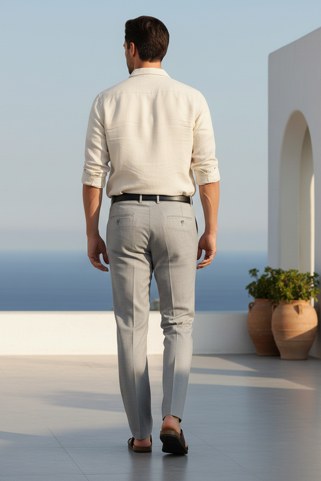 Pantalon En Lin Gris Ajusté Élégant Décontracté Texturé - vue 2