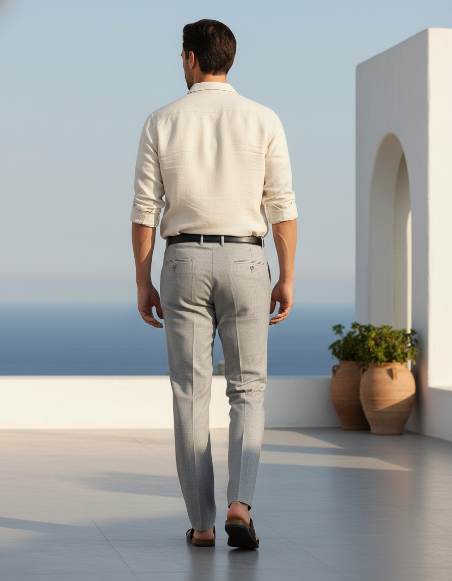 Pantalon En Lin Gris Ajusté Élégant Décontracté Texturé - vue 2