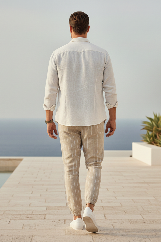 Pantalon En Lin Rayé Beige Fuselé Décontracté Homme - vue 2