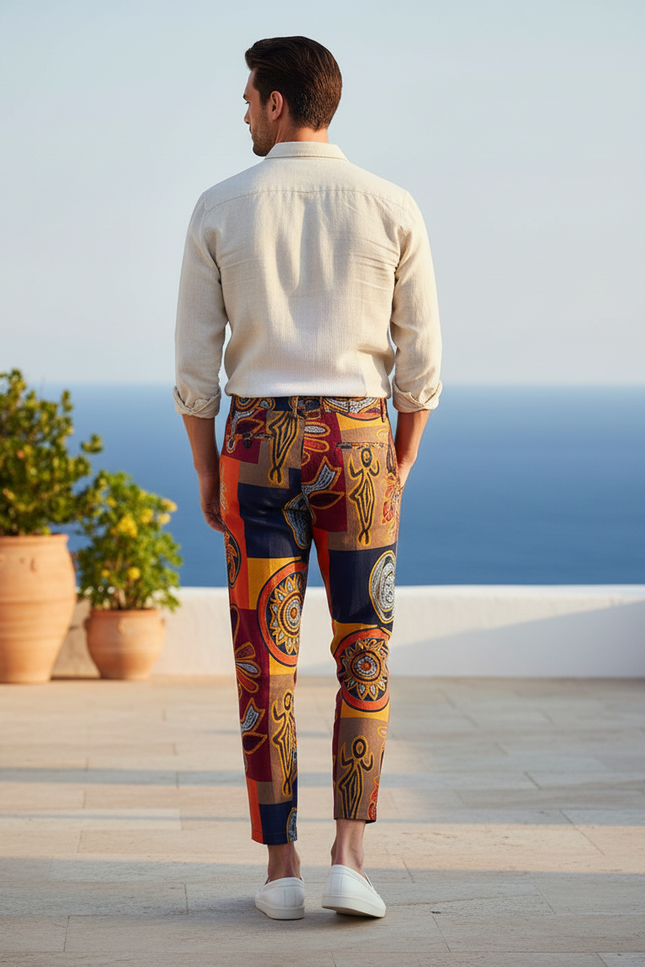 Pantalon En Lin Imprimé Ethnique Cheville Homme Décontracté - Multicolore - vue 2