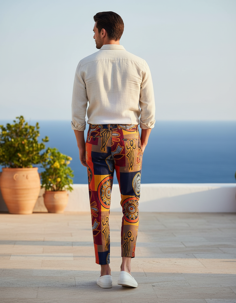 Pantalon En Lin Imprimé Ethnique Cheville Homme Décontracté - Multicolore - vue 2