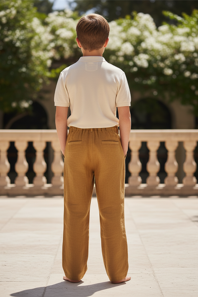 Pantalon En Lin Ample Cordon Marron Décontracté Enfant - Camel - vue 2