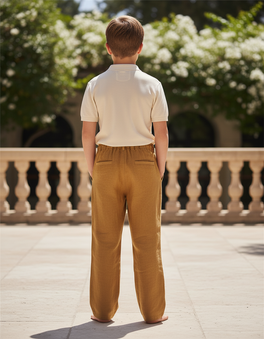 Pantalon En Lin Ample Cordon Marron Décontracté Enfant - Camel - vue 2