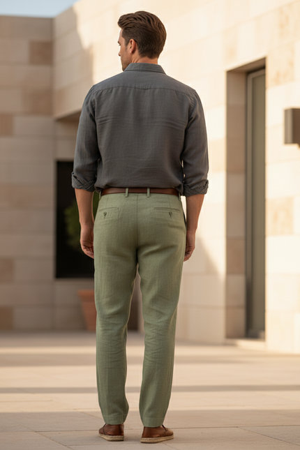 Pantalon Lin Vert Kaki Homme - vue 2
