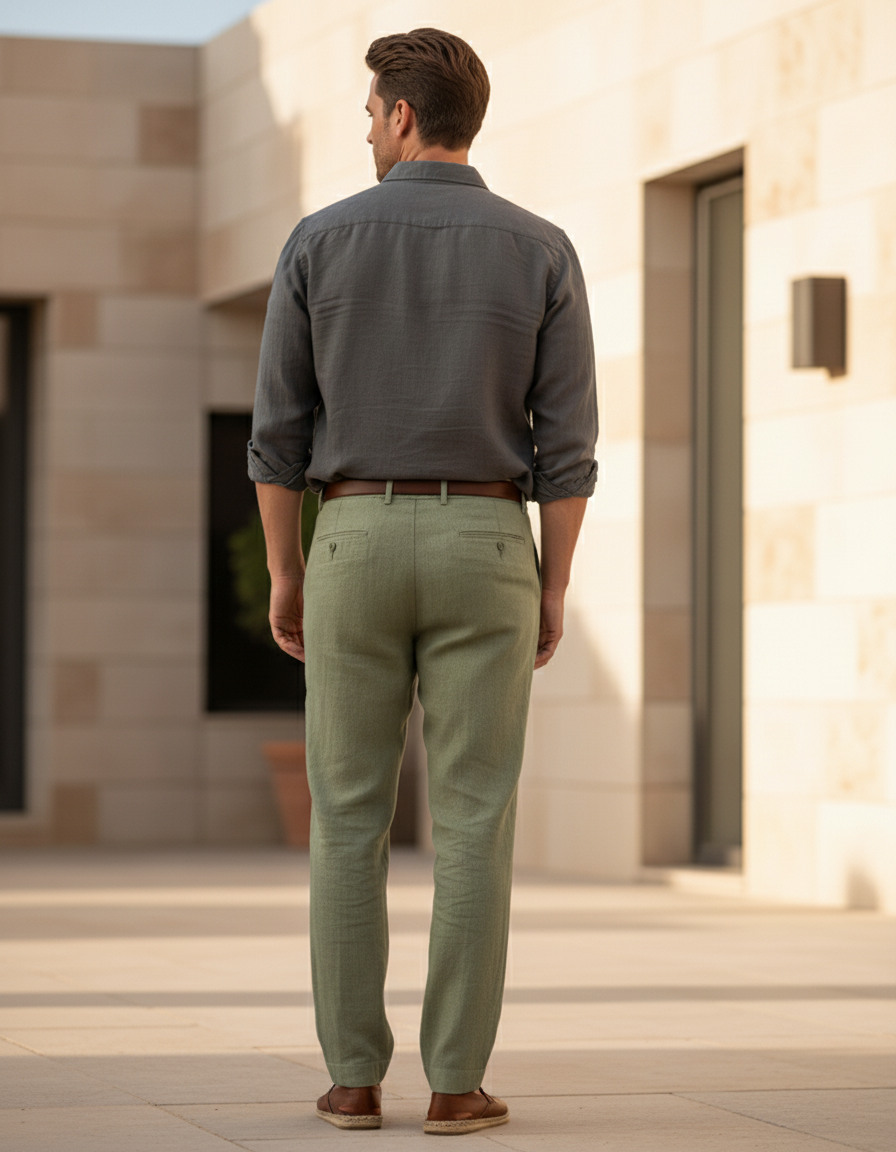 Pantalon Lin Vert Kaki Homme - vue 2