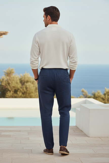 Pantalon En Lin Bleu Marine Ample Cordon Décontracté - vue 2