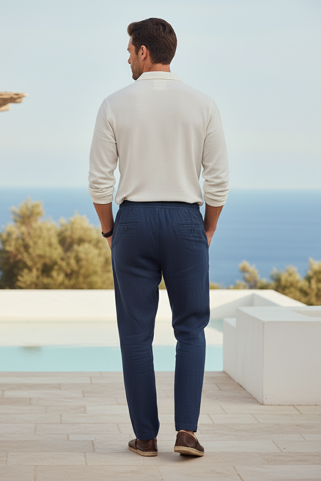 Pantalon En Lin Bleu Marine Ample Cordon Décontracté - vue 2