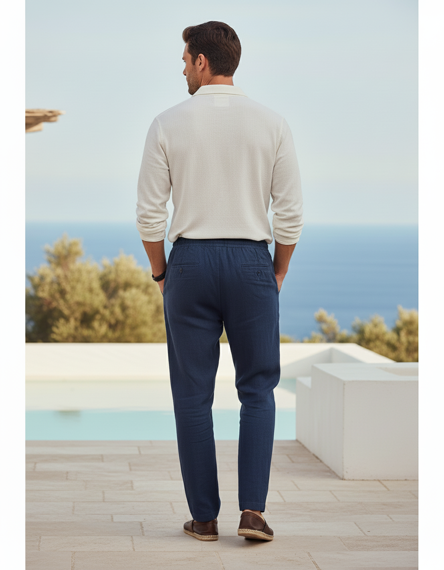 Pantalon En Lin Bleu Marine Ample Cordon Décontracté - vue 2