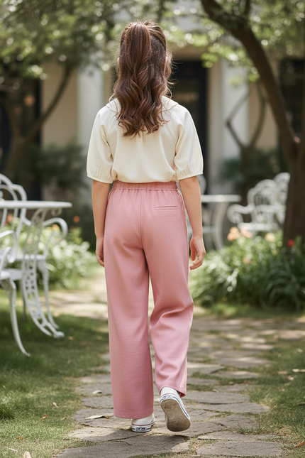 Pantalon En Lin Rose Ample Droit Décontracté Fille - vue 2