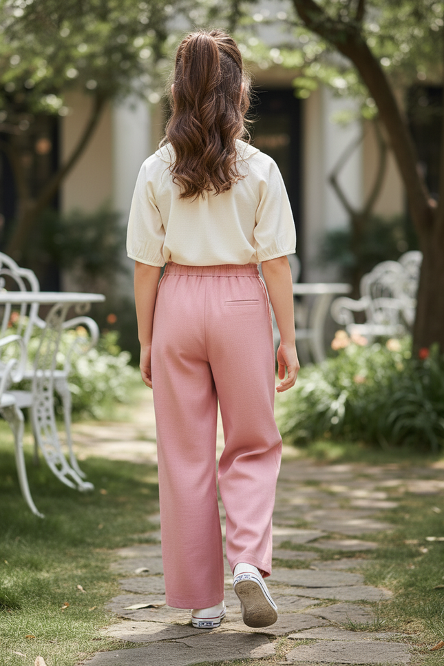 Pantalon En Lin Rose Ample Droit Décontracté Fille - vue 2
