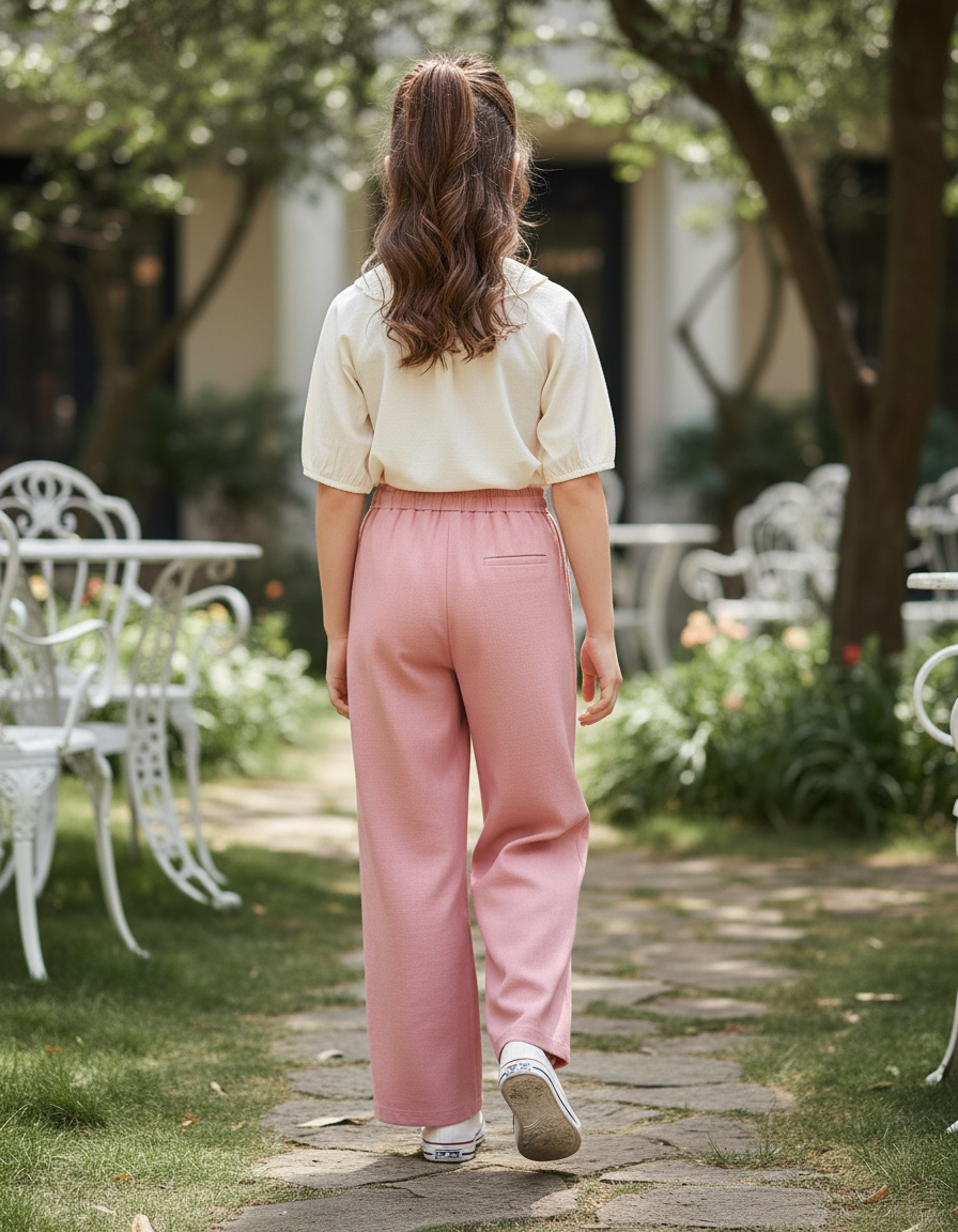 Pantalon En Lin Rose Ample Droit Décontracté Fille - vue 2