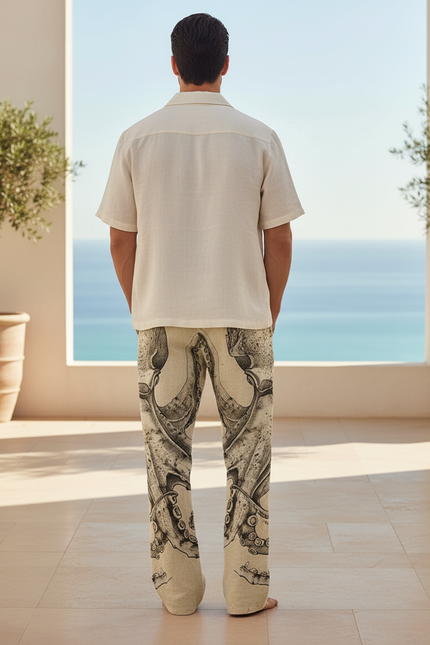 Pantalon En Lin Beige Motif Pieuvre Ample Respirant - vue 2