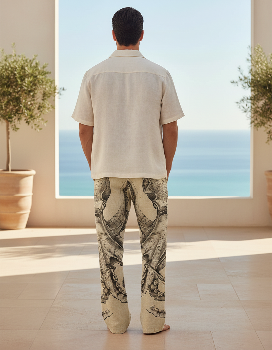 Pantalon En Lin Beige Motif Pieuvre Ample Respirant - vue 2