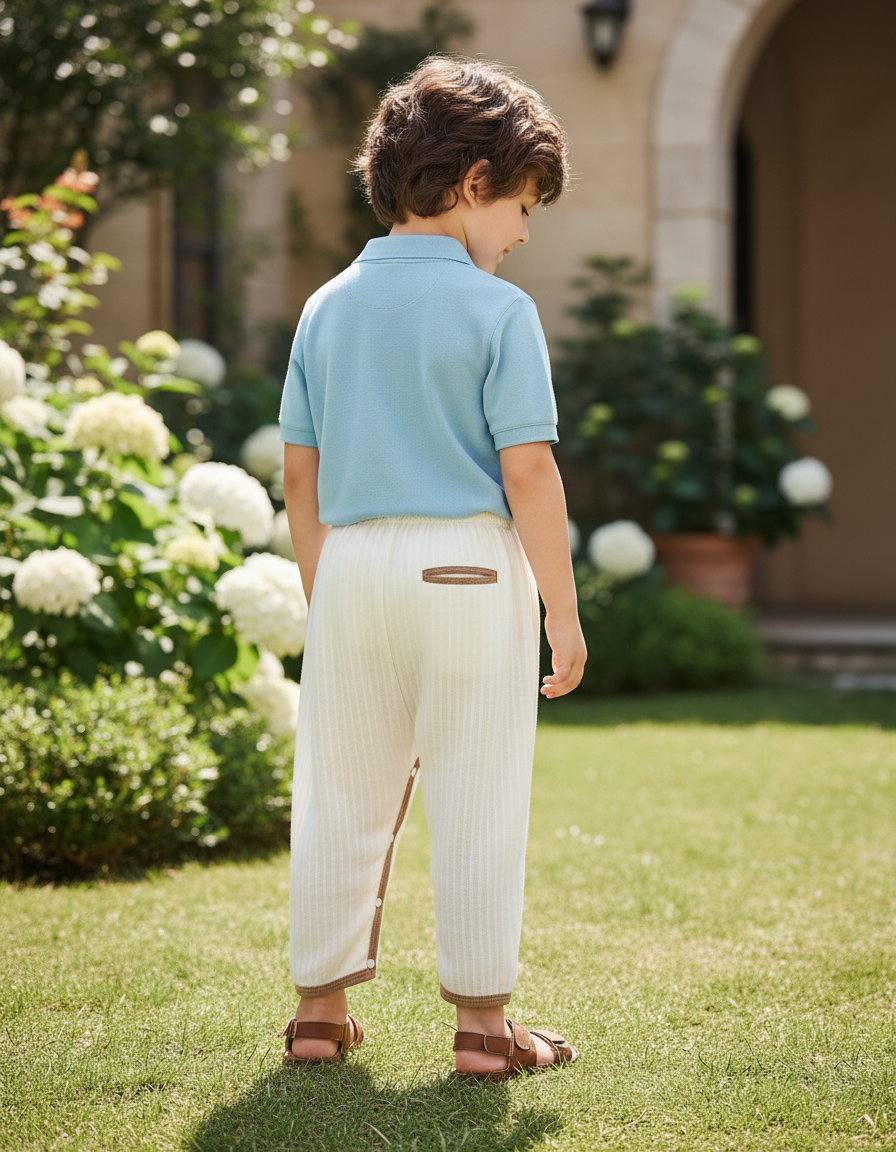 Pantalon En Lin Crème Ample Boutonné Brodé Bébé - Beige - vue 2