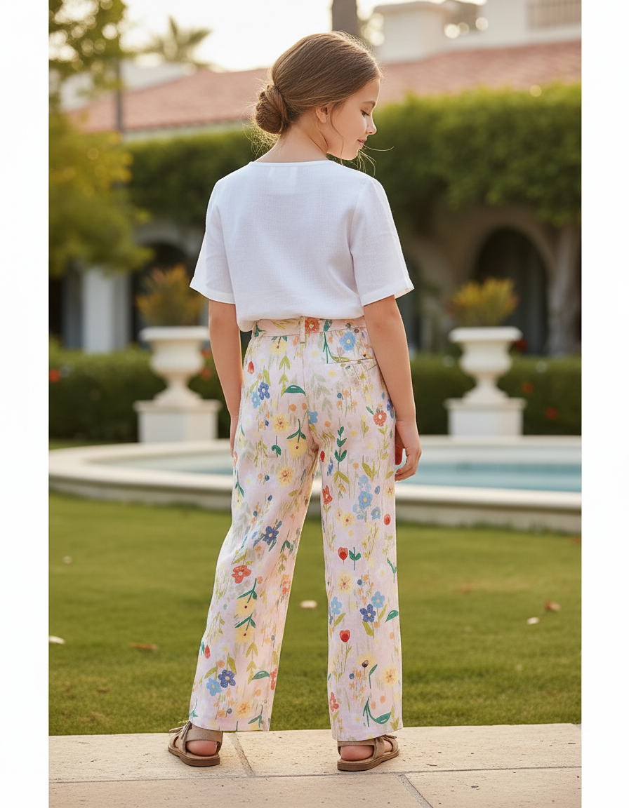 Pantalon En Lin Fille Floral Ample Décontracté Fluide - Multicolore - vue 2