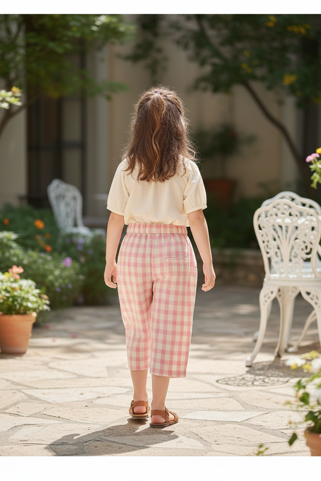 Pantalon En Lin Rose Carreaux Ample Décontracté Fille - vue 2