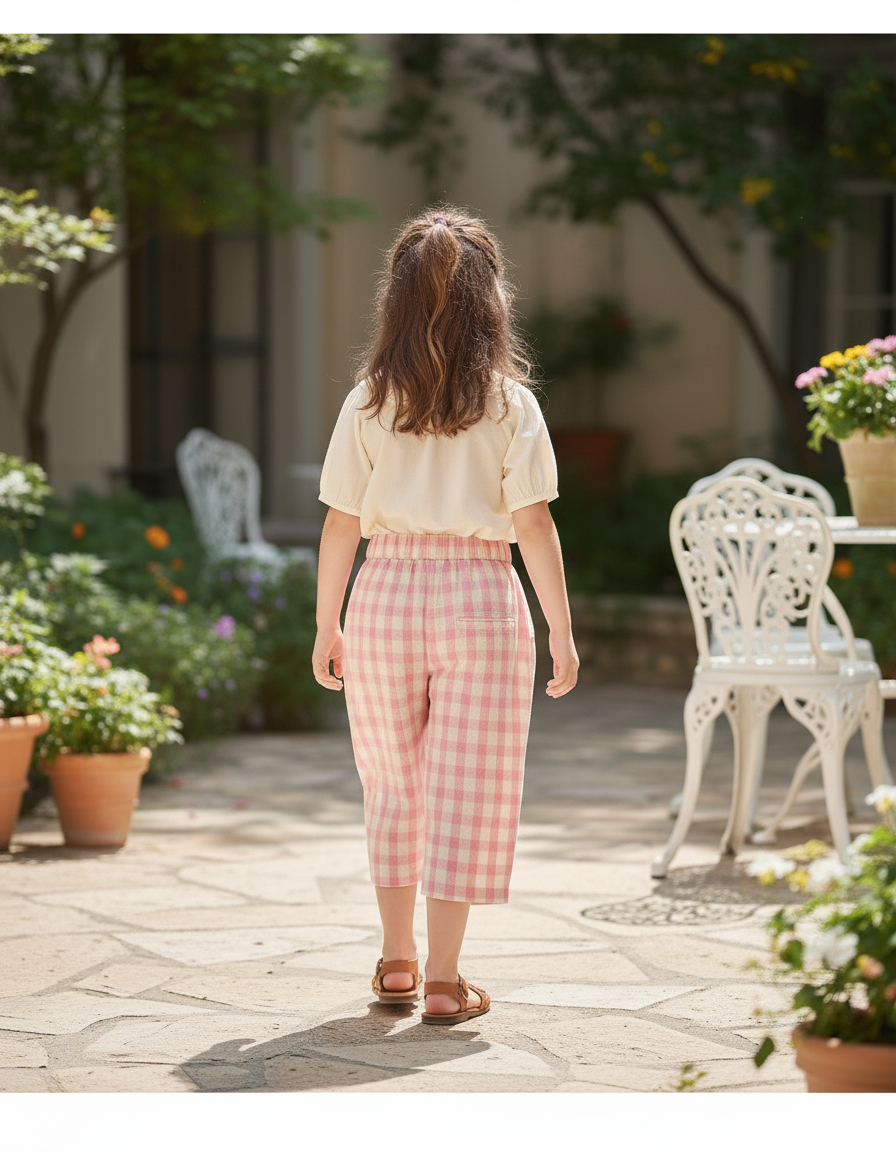 Pantalon En Lin Rose Carreaux Ample Décontracté Fille - vue 2