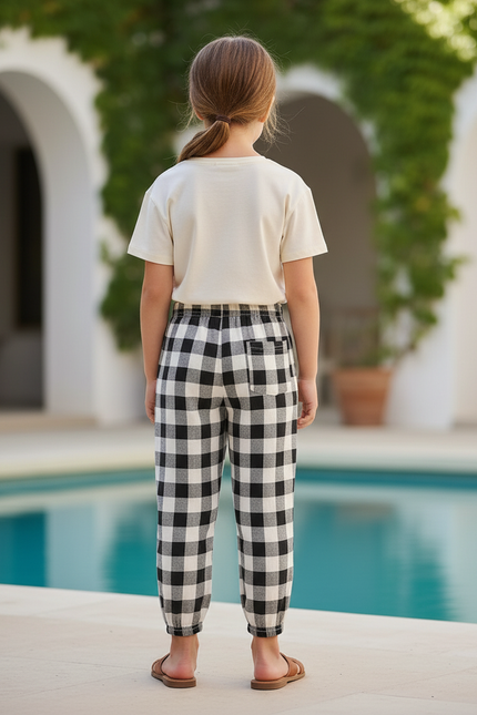 Pantalon En Lin Carreaux Vichy Noir Blanc Ample Fille - Imprimé Molleton - vue 2
