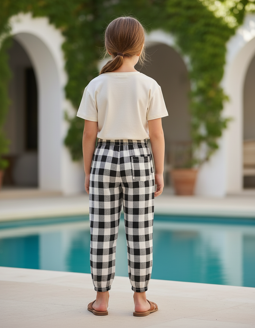 Pantalon En Lin Carreaux Vichy Noir Blanc Ample Fille - Imprimé Molleton - vue 2