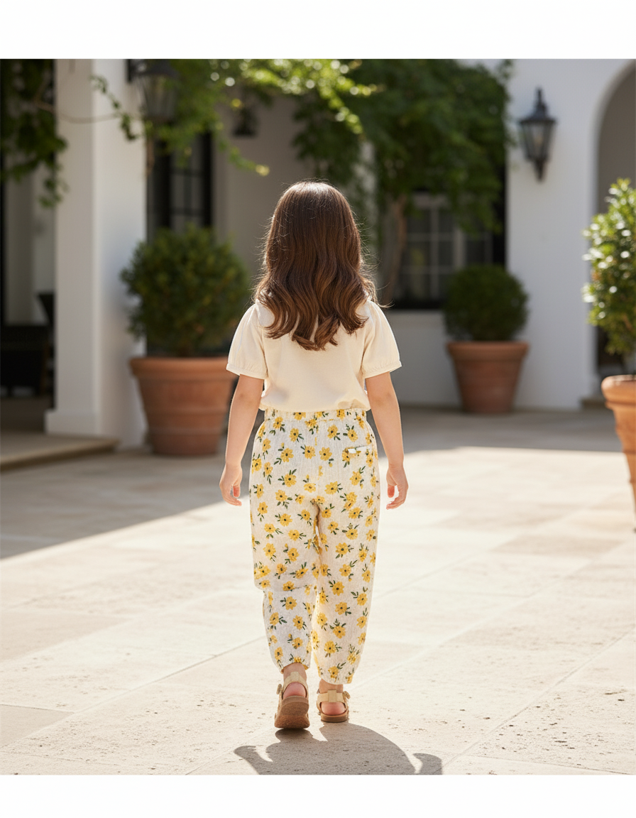 Pantalon En Lin Enfant Fleuri Ample Décontracté Léger - Jaune - vue 2