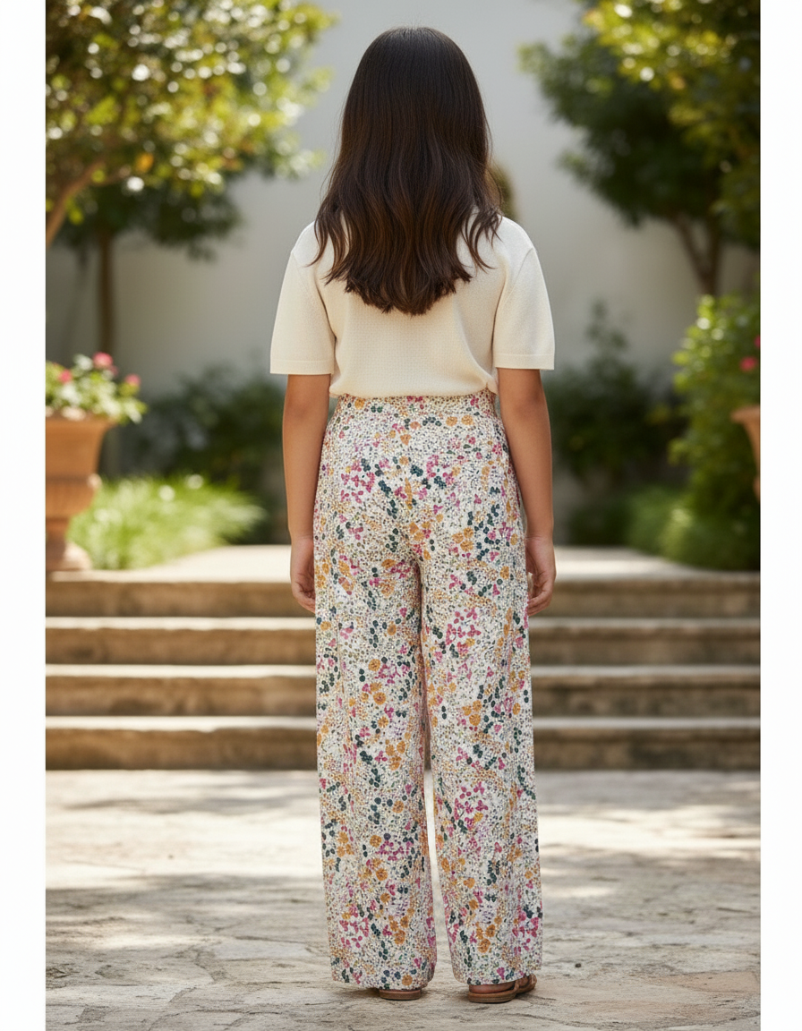 Pantalon En Lin Fleuri Ample Fluide Fille - Multicolore - vue 2