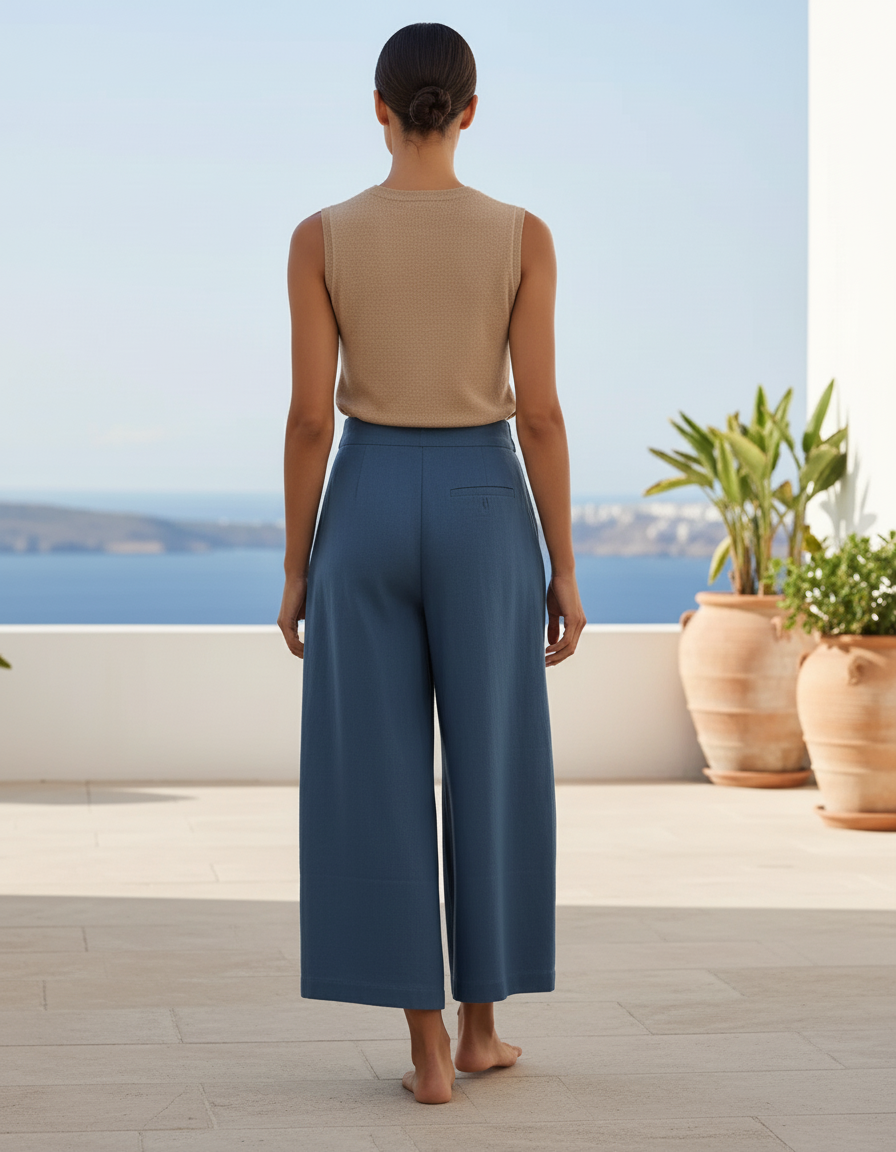 Pantalon En Lin Bleu Ample Plissé Élégant Femme - vue 2