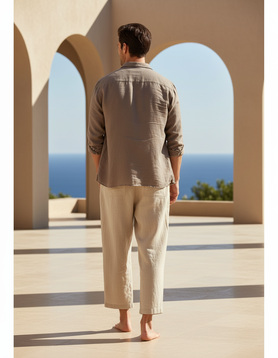 Pantalon En Lin Beige Ample Coton Décontracté Homme - vue 2