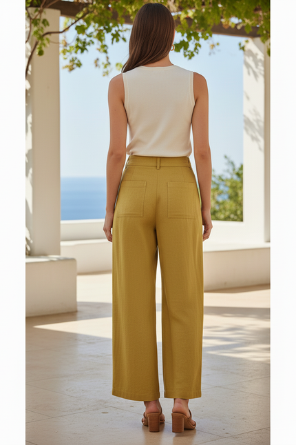 Pantalon En Lin Vert Ample Plissé Taille Haute - Kaki - vue 2