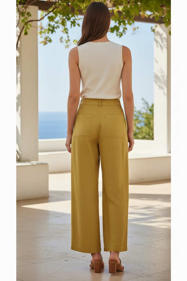 Pantalon En Lin Vert Ample Plissé Taille Haute - Kaki - vue 2