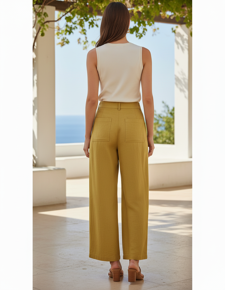 Pantalon En Lin Vert Ample Plissé Taille Haute - Kaki - vue 2
