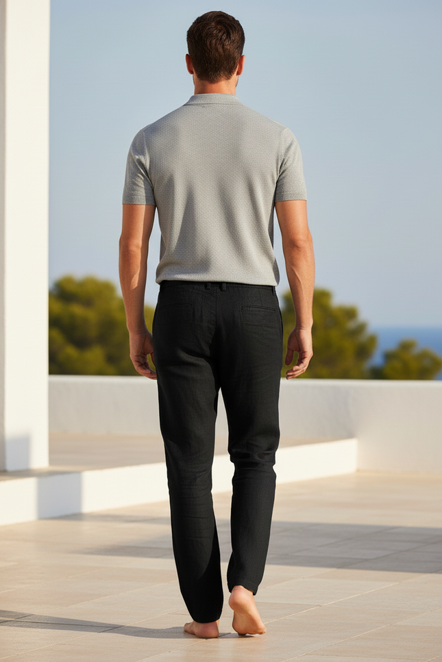 Pantalon En Lin Noir Ample Cordon Décontracté Homme - vue 2