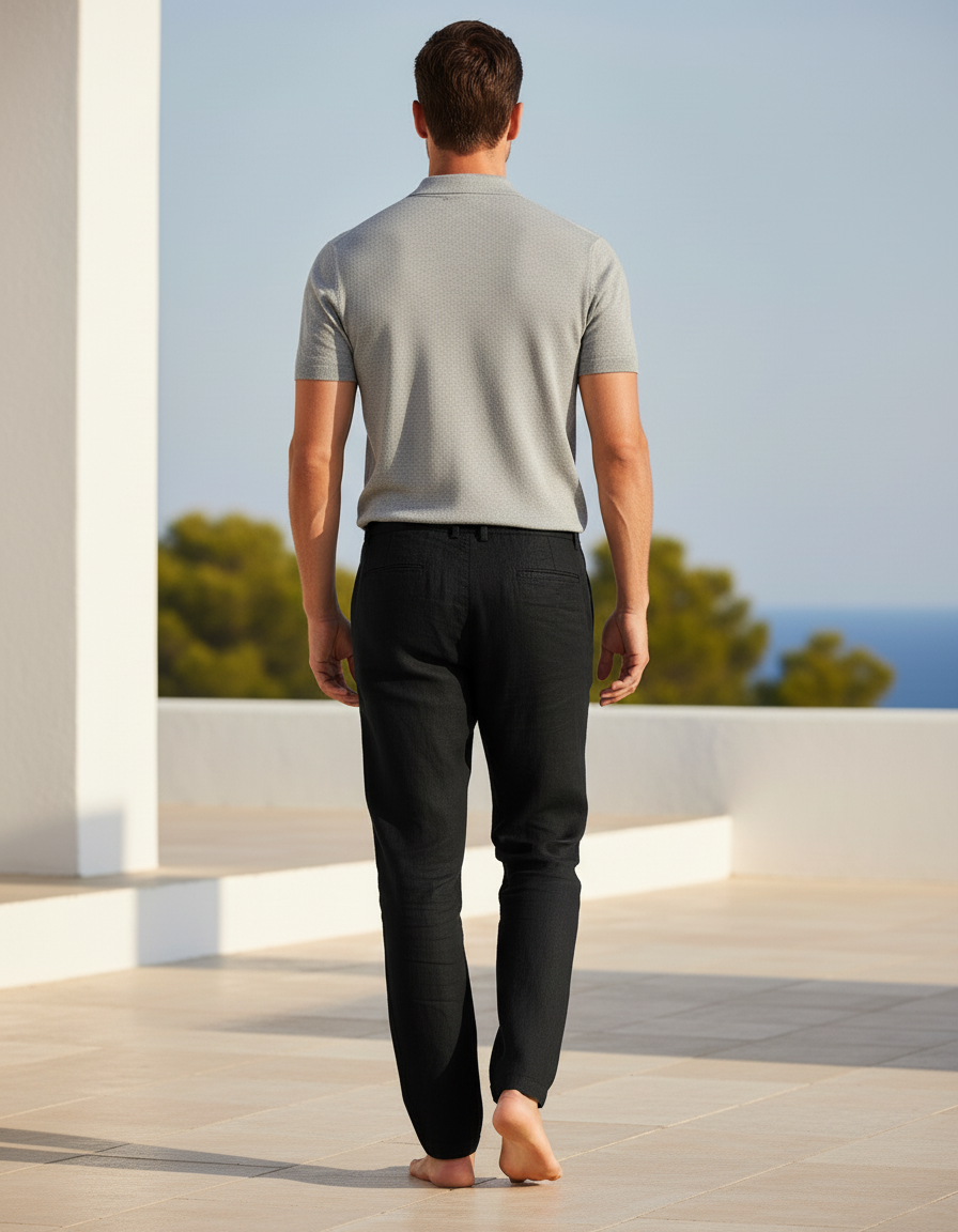 Pantalon En Lin Noir Ample Cordon Décontracté Homme - vue 2