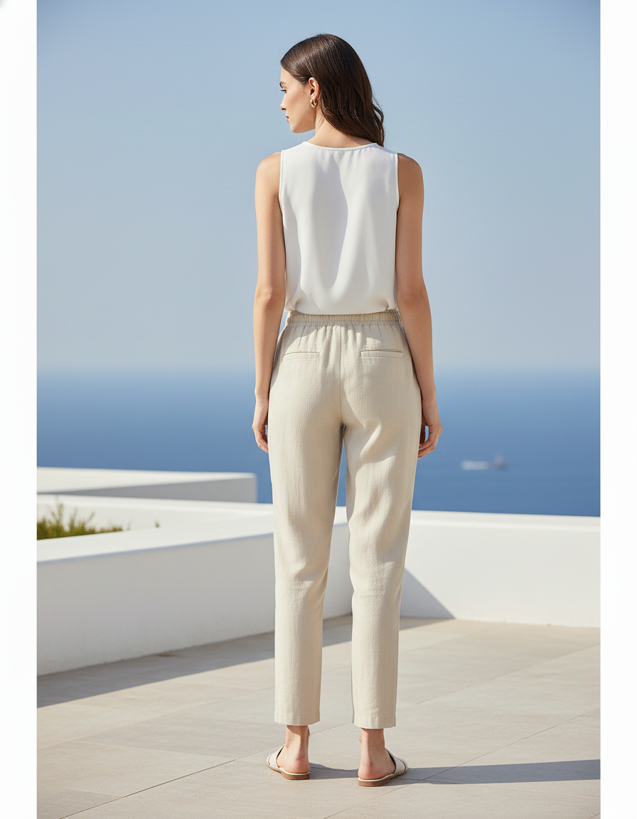 Pantalon En Lin Beige Cordon Décontracté Femme - vue 2