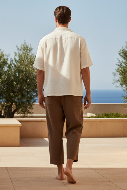 Pantalon En Lin Marron Ample Court Décontracté Homme - vue 2