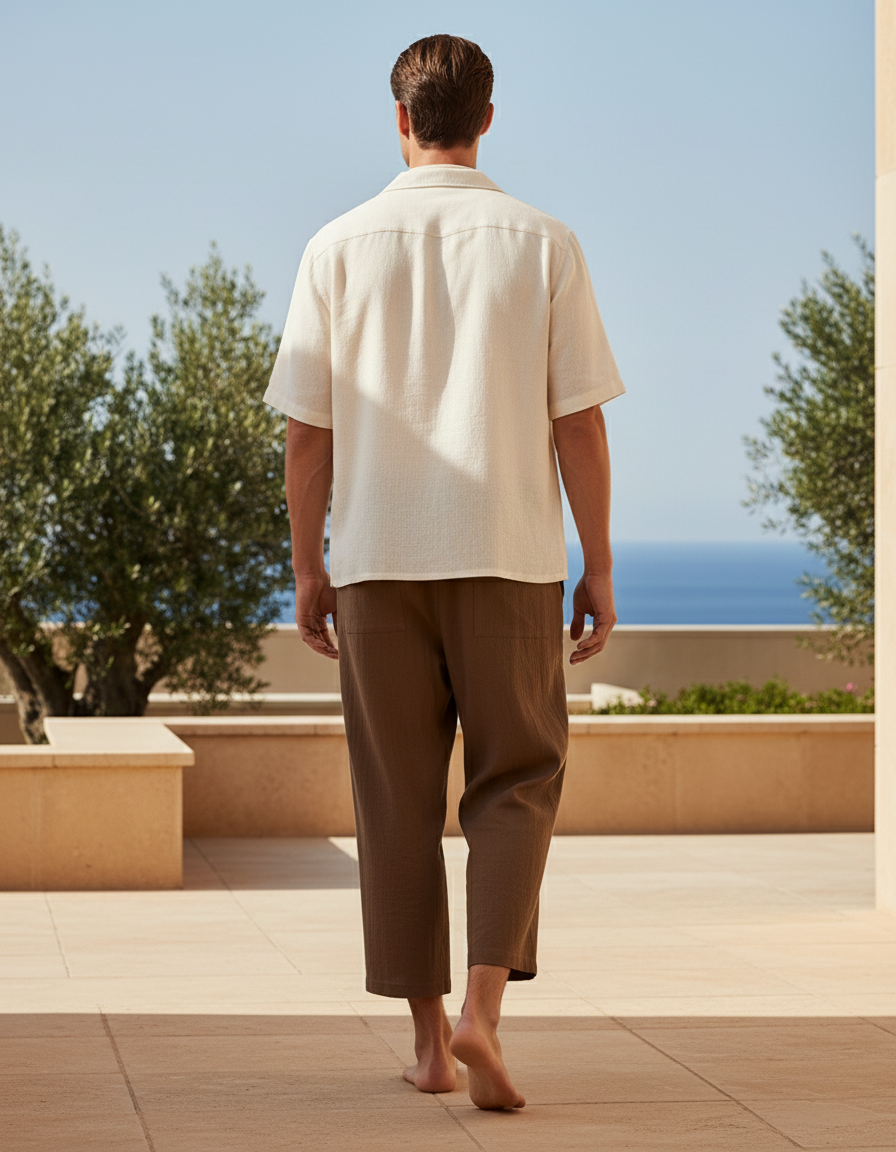 Pantalon En Lin Marron Ample Court Décontracté Homme - vue 2
