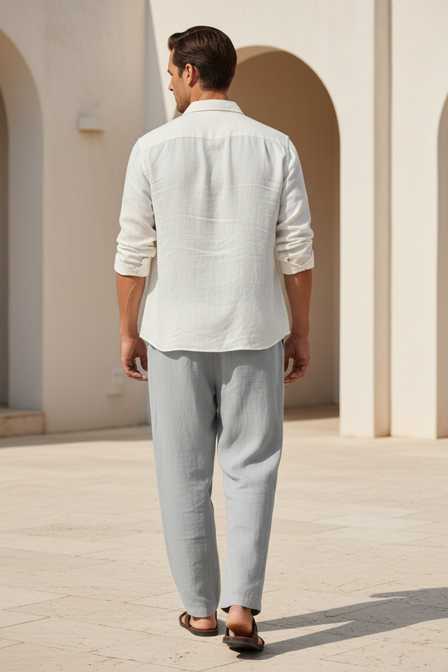 Pantalon En Lin Gris, Ample, Décontracté, Cordon, Confortable - vue 2
