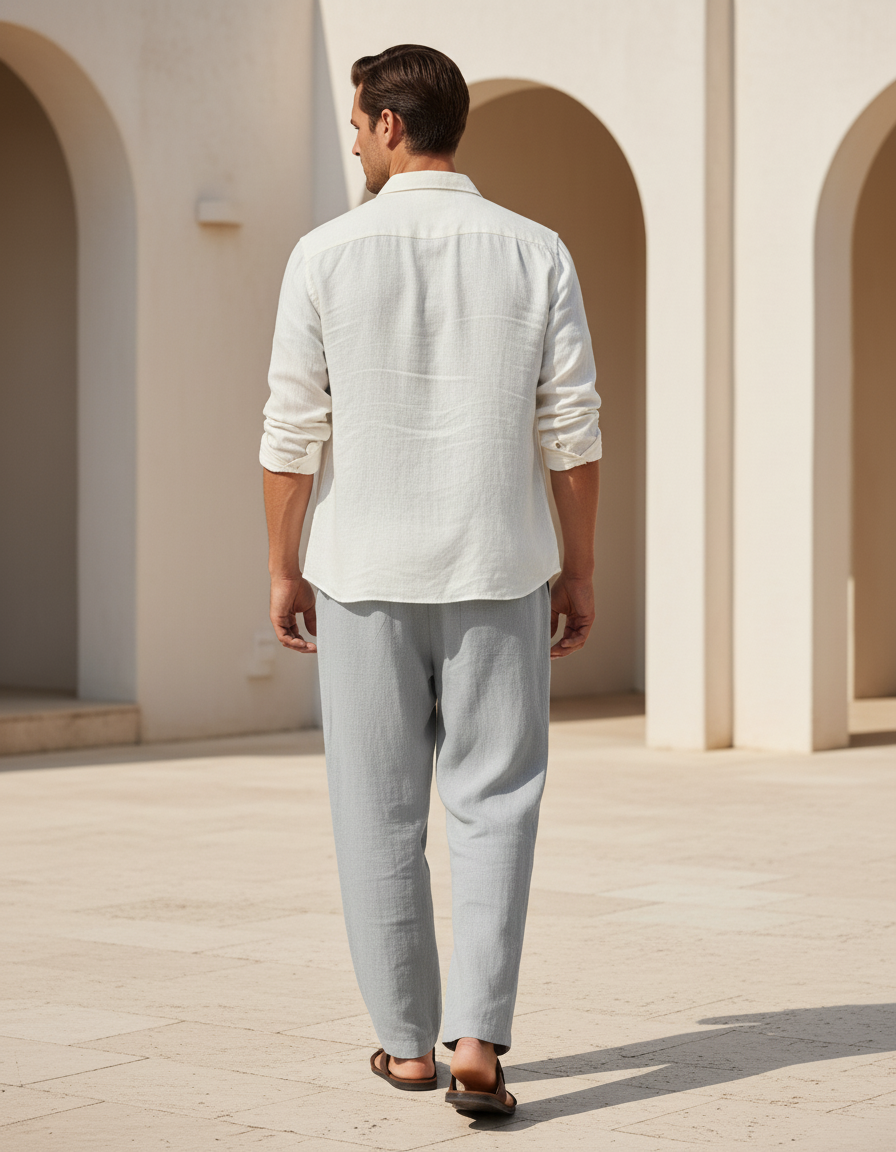 Pantalon En Lin Gris, Ample, Décontracté, Cordon, Confortable - vue 2