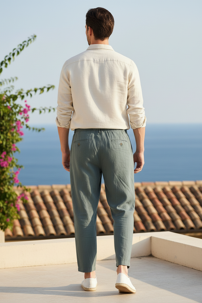 Pantalon En Lin Vert Ample Décontracté Cordon Homme - vue 2