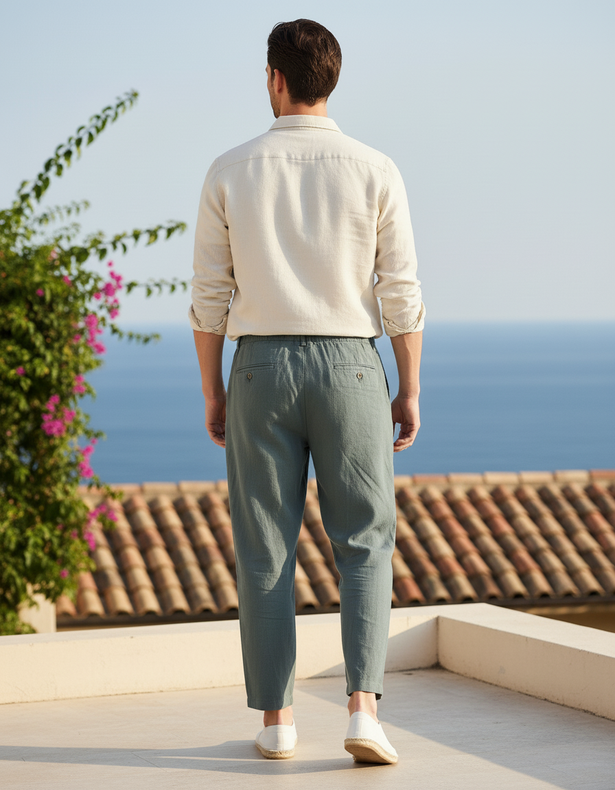 Pantalon En Lin Vert Ample Décontracté Cordon Homme - vue 2