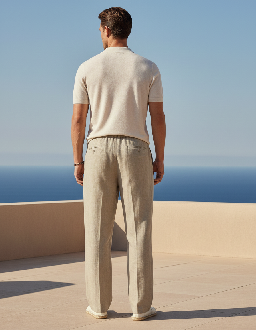 Pantalon En Lin Beige Homme Ample Droit Élégant - vue 2