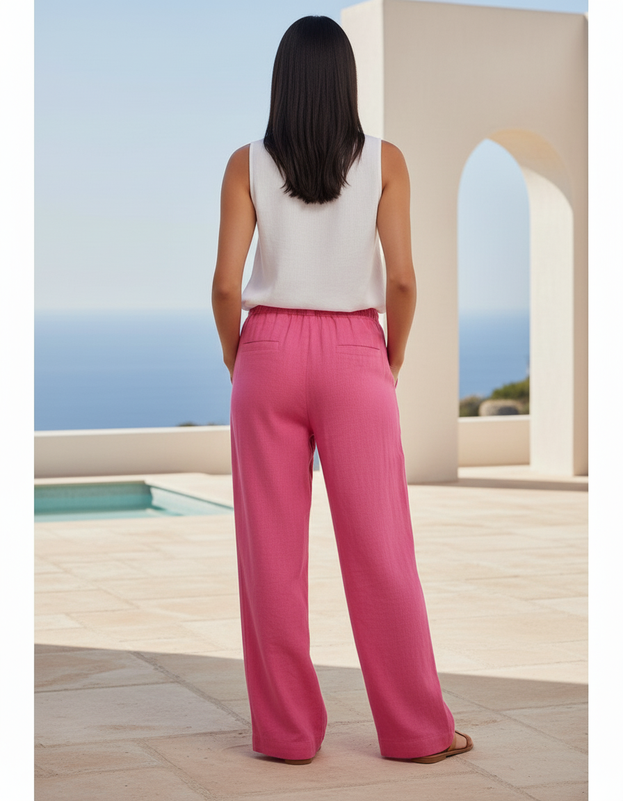 Pantalon En Lin Rose Ample Fluide Cordon Décontracté - vue 2