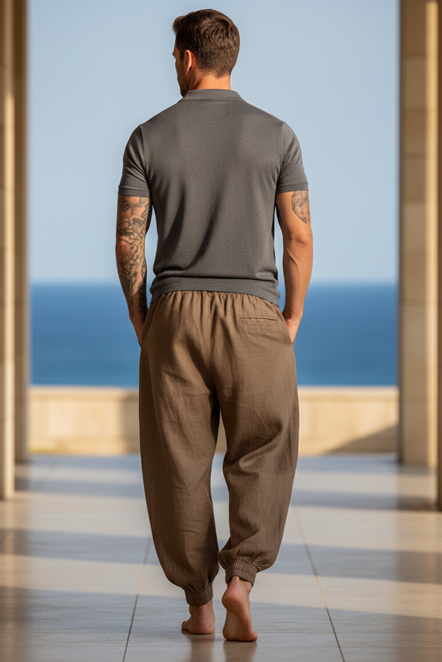 Pantalon En Lin Marron Ample Décontracté Homme Cordon - vue 2