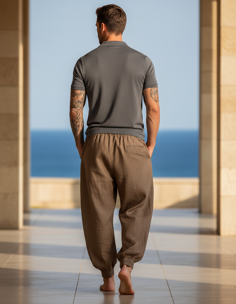 Pantalon En Lin Marron Ample Décontracté Homme Cordon - vue 2