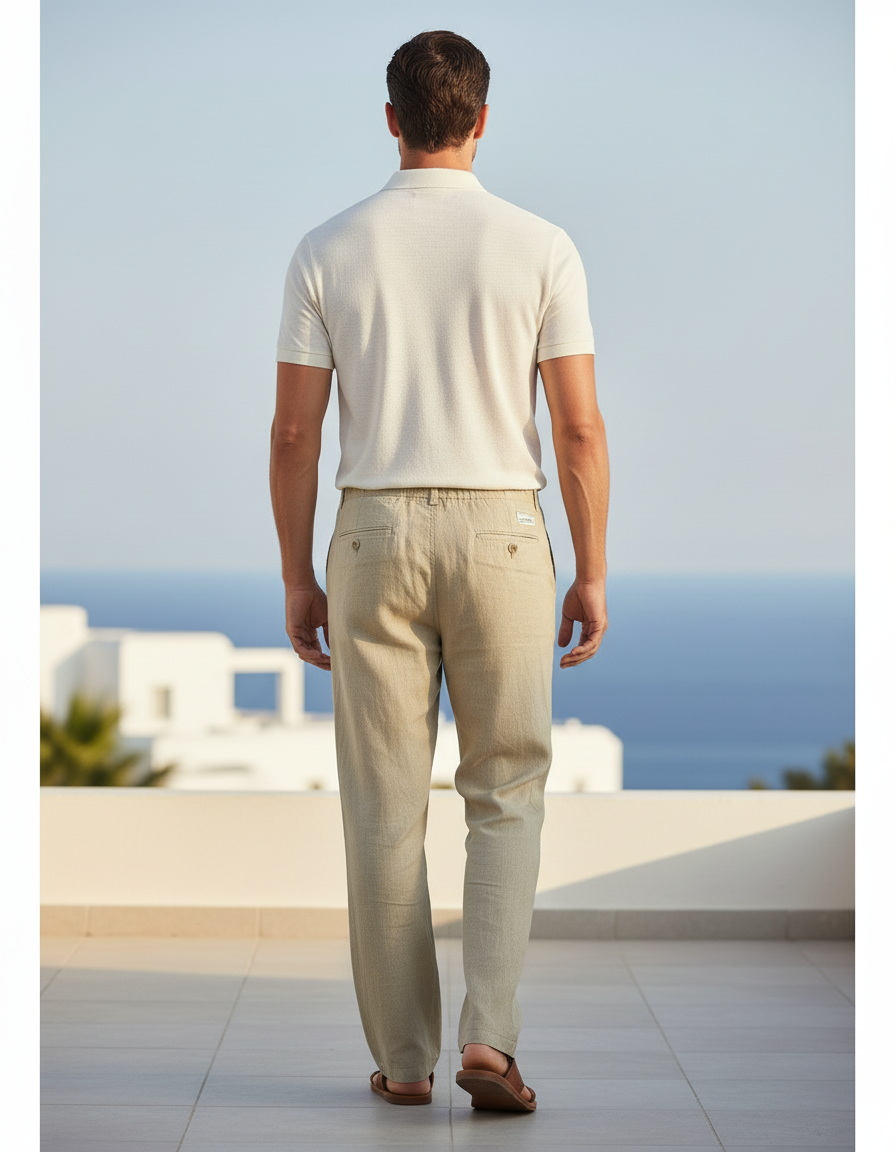 Pantalon En Lin Beige Ample Cordon Décontracté Léger - vue 2