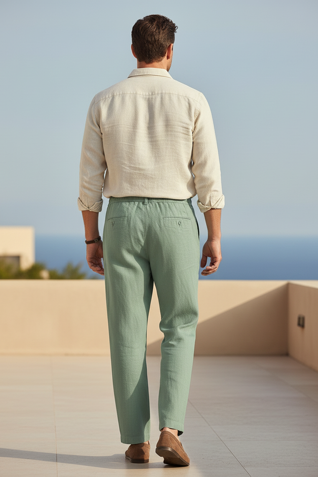 Pantalon En Lin Vert Ample Cordon Décontracté Homme - vue 2