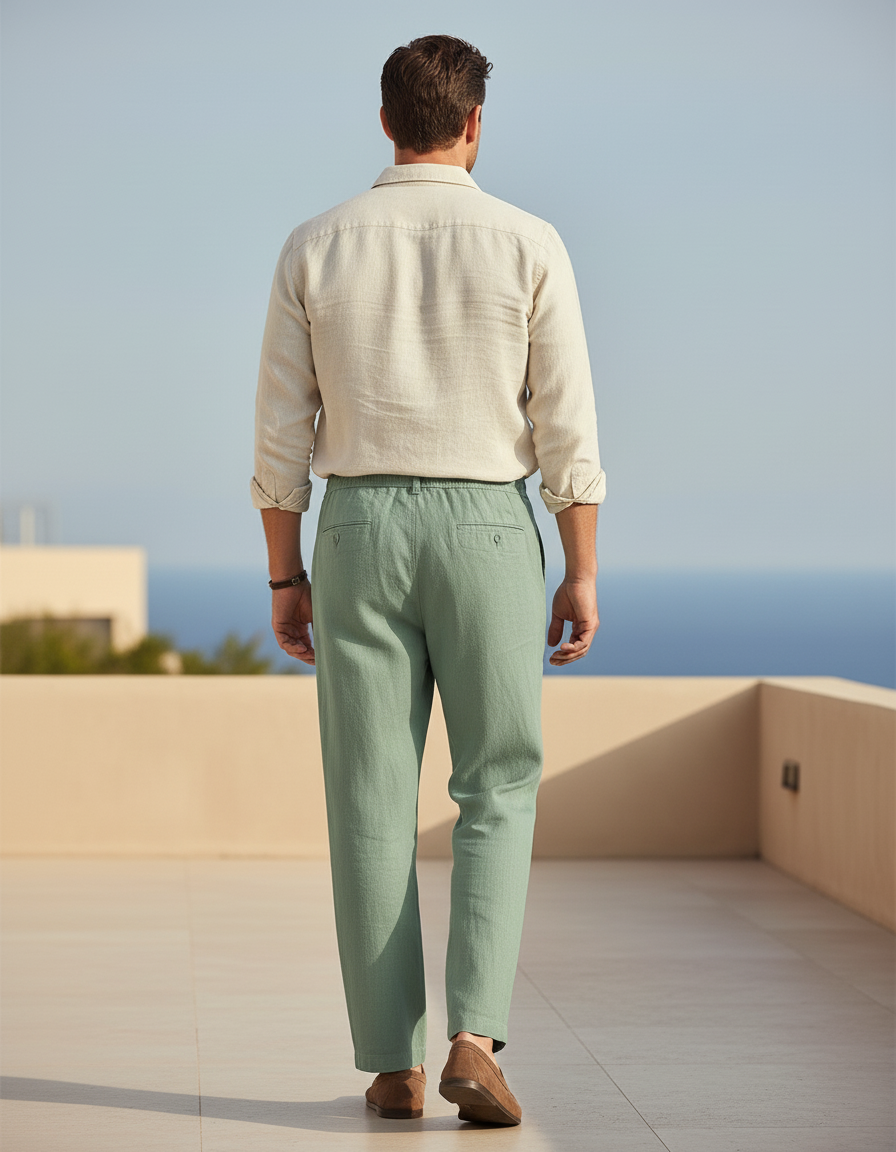 Pantalon En Lin Vert Ample Cordon Décontracté Homme - vue 2